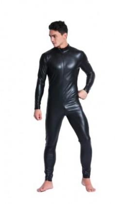 GITDOT Combinaison en Cuir Verni Noir pour Hommes en Latex Body Collants Zipper Catsuit Vêtements en Caoutchouc L 