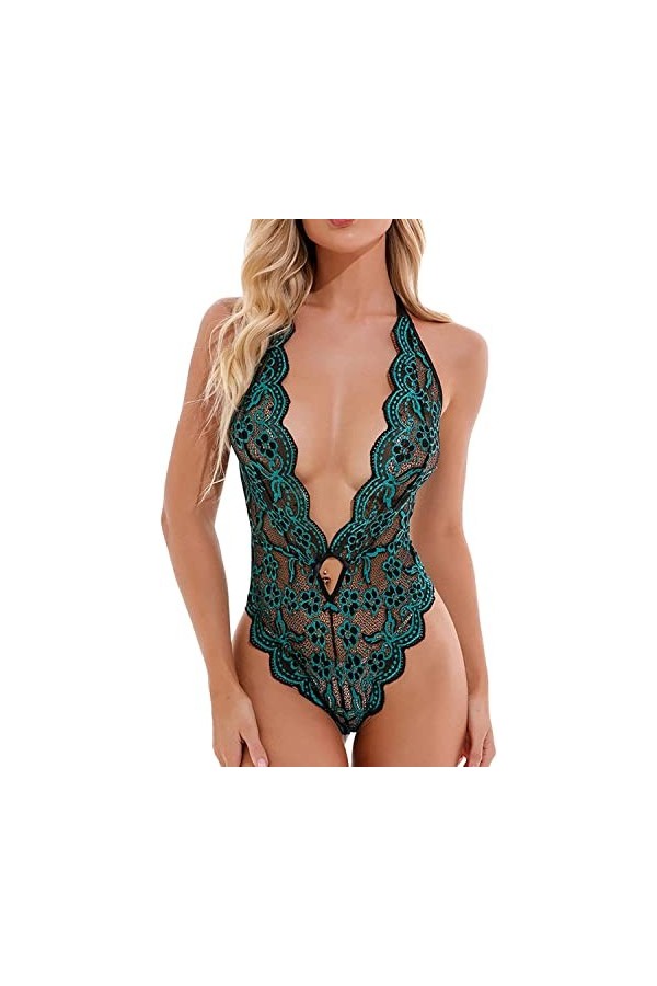 JEShifangjiusu Femmes Fleur Dentelle FestonnéE Bordure Teddy Lingerie 1 PièCe Corset Sans Dos Pyjama V Profond Corset Tulle L