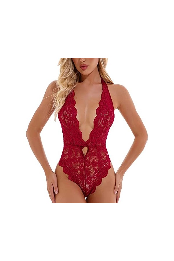 JEShifangjiusu Femmes Fleur Dentelle FestonnéE Bordure Teddy Lingerie 1 PièCe Corset Sans Dos Pyjama V Profond Corset Tulle L