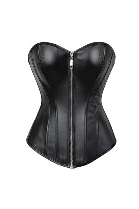 Corset sexy en simili cuir pour femme Buste amusant Corset Soutien-gorge Fermeture éclair sur le devant Grande taille Lingeri