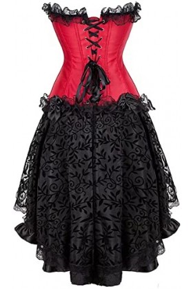 Jupe Corset Femme Bustier Robe Femme Sexy Dentelle Floral Guêpière Lingerie Grande Taille Burlesque Rouge XL