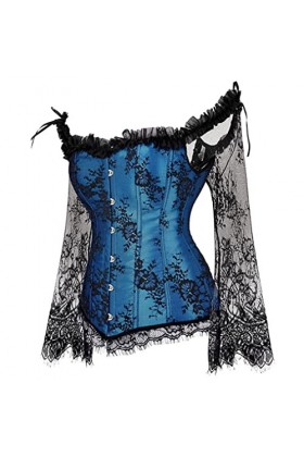 JozAdy Femmes Overbust Satin Lace Up Back Corset avec manches longues épaule grande taille, bleu, 22-24