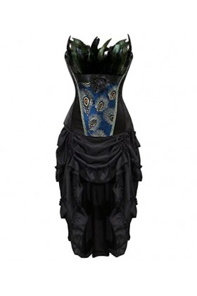 Corset Femme Robe Jupe Dress Set Sexy Bustier Plume De Paon Gothique Dentelle Halloween Costume Noir 6XL