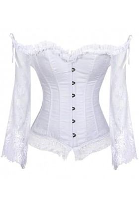 JozAdy Femmes Overbust Satin Lace Up Back Corset avec manches longues épaule grande taille, blanc, 14-16