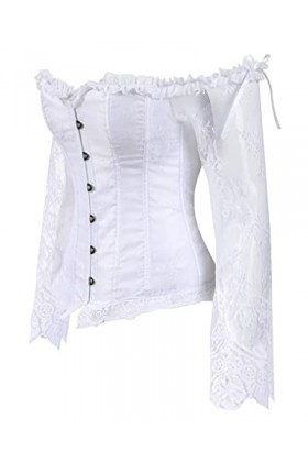 JozAdy Femmes Overbust Satin Lace Up Back Corset avec manches longues épaule grande taille, blanc, 14-16
