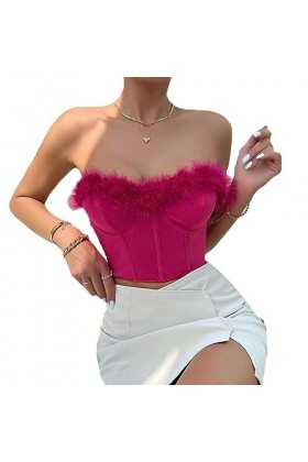 OKGD Bustier Tube Top Y2k Bustier Corset Top Plume Bustier Crop Tops pour Femmes-Rose Rouge-L