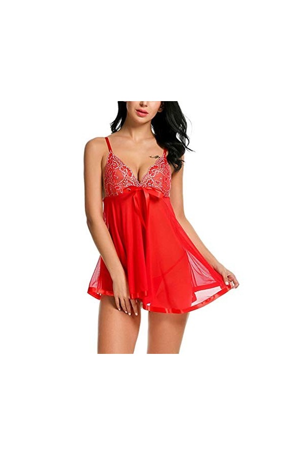 PANPANY Vêtements de Nuit Femmes Dentelle Maillage Lingerie V-Neck Broderie Bowknot Sleepwear Lingerie Vintage Jarretelle Ho