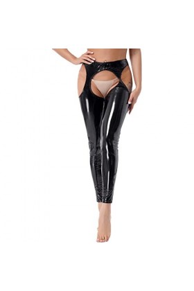 JanJean Leggings Creux Femme Sexy Pantalon en Cuir Verni sans Entrejambe Ouvert Wetlook Collant Taille Elastique Costume Soir