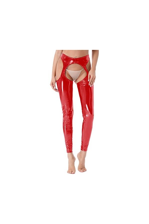 JanJean Leggings Creux Femme Sexy Pantalon en Cuir Verni sans Entrejambe Ouvert Wetlook Collant Taille Elastique Costume Soir