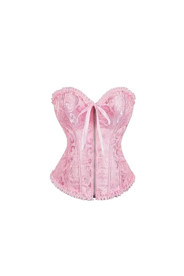 Rfmfkkg Femmes Jacquard Floral Overbust Corset Avant Fermeture Éclair Élégante Taille Bustier Top Corselet Korset, rose, XXL