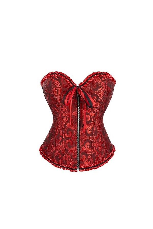 Rfmfkkg Femmes Jacquard Floral Overbust Corset Avant Fermeture Éclair Élégante Taille Bustier Top Corselet Korset, rose, XXL