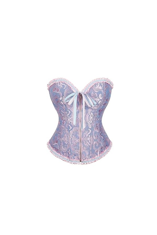 Rfmfkkg Femmes Jacquard Floral Overbust Corset Avant Fermeture Éclair Élégante Taille Bustier Top Corselet Korset, rose, XXL