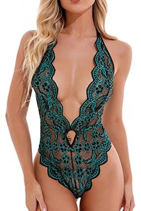 JEShifangjiusu Femmes Pendaison Cou Fleurs Deep V Doll Dentelle Teddy Sexy Halter Outback Collants Velcrotch Festonné Collant