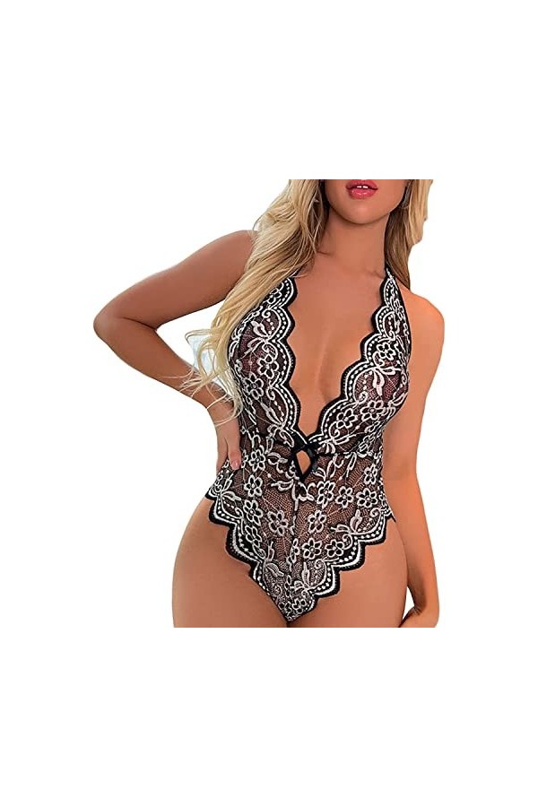 JEShifangjiusu Femmes Pendaison Cou Fleurs Deep V Doll Dentelle Teddy Sexy Halter Outback Collants Velcrotch Festonné Collant