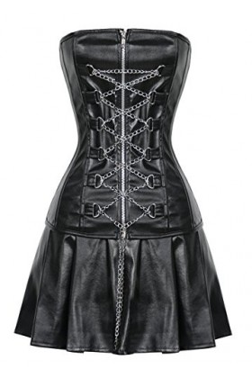 Corset noir en similicuir avec chaîne et fermeture éclair sur le devant, Noir , 40 for waist size 44"-45” 