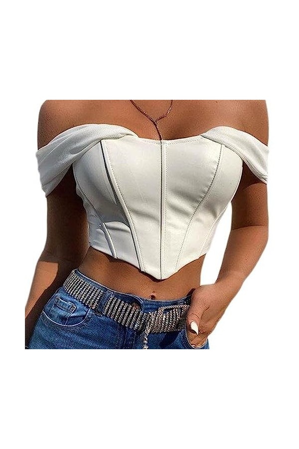 SHANHE Cuir PU crypté Sexy Corset Corset épaules dénudées en mousseline de soie blanc sans bretelles hauts pour femmes hauts