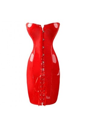 SHANHE Steampunk Femmes Brillant PU Cuir Overbust Long Corset Robe Taille Formateur Bustiers Corselet Sexy Col V Profond Cour