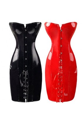 SHANHE Steampunk Femmes Brillant PU Cuir Overbust Long Corset Robe Taille Formateur Bustiers Corselet Sexy Col V Profond Cour
