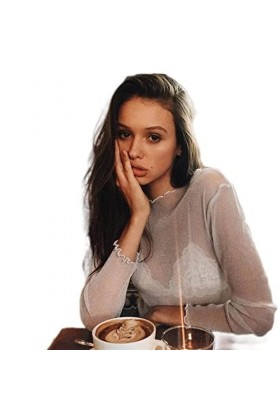 Sexy Mesh Brillant À Manches Longues T Shirt Femmes Printemps Transparent Club Party Noir Tee Shirts Sexy Mince O Cou Court -