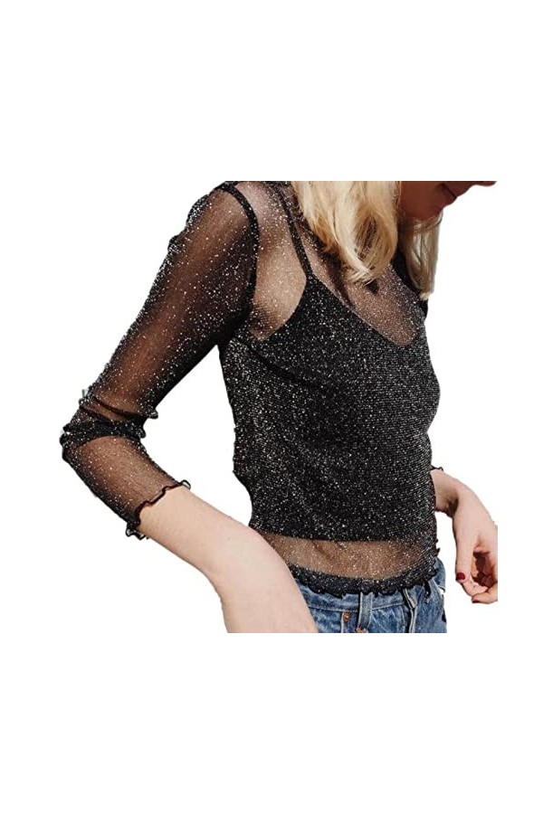 Sexy Mesh Brillant À Manches Longues T Shirt Femmes Printemps Transparent Club Party Noir Tee Shirts Sexy Mince O Cou Court -