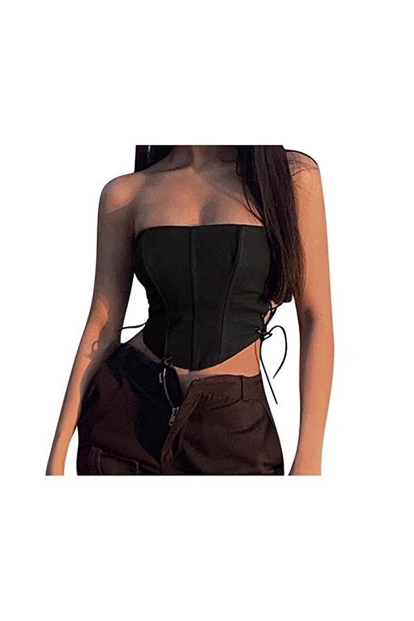 SHANHE Tops corset désossés noirs pour les femmes bustier froncé bustiers sexy à lacets bandage hors épaule débardeur été sex