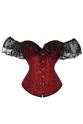 OKGD Sexy Corset Corset Top Plus Size Vintage Jacquard Floral Lace Sleeve Corset Corset Blouse Womens Lingerie-Black Red,6XL