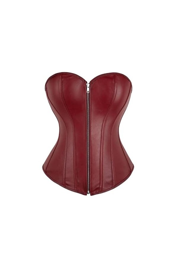 OKGD Femmes Vintage Style Zipper Faux Cuir Top Buste Corset Cuir Discothèque Lingerie Sexy Sans Bretelles-Bourgogne,6XL