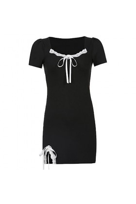 Vintage Sexy Noir Corset Robe Nouvelles Femmes Y2k Esthétique Arc Dentelle Côté Renversé À Manches Courtes Bodycone Mini Robe