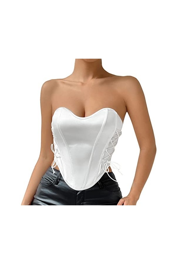 WERVOT Femmes chaîne Sexy vêtements perles sans manches dos nu licou haut court Club Vintage Sexy Bustier Corset haut Uniform