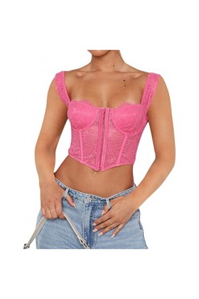 FeMereina Bustier dété en dentelle pour femme - Sexy - Vintage - Bretelles spaghetti - Dos ouvert - Corset à baleines, rose,