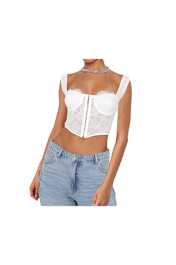 FeMereina Bustier dété en dentelle pour femme - Sexy - Vintage - Bretelles spaghetti - Dos ouvert - Corset à baleines, rose,