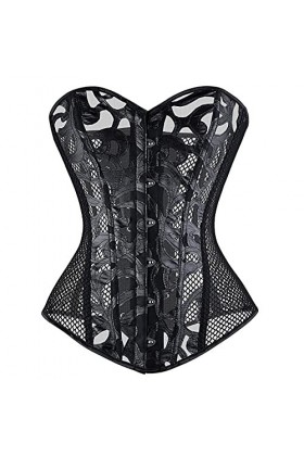 XUEFX Dames Court Corset Maillage en Perspective Coutures en Cuir Vintage Sexy Overbust Grande avec G-String Color : White, 