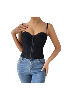 TOPKEAL Bustier dété en dentelle sexy vintage à bretelles spaghetti dos ouvert corset à baleines pour sortir, fête, haut de 