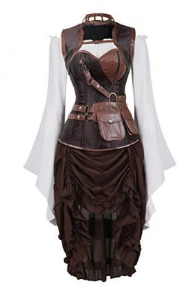 yumeng Corset rétro vintage en cuir avec jupe et chemisier pirate 3 pièces costume steampunk couleur : marron, taille : 14-1