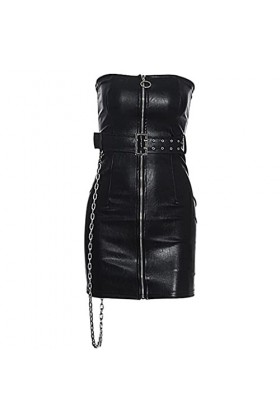 TaLcuS Femmes En Cuir Noir Fermeture Éclair Mini Robe Sans Bretelles Moulante Femme Club Robes De Soirée Chaîne Ceinture Col