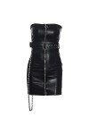 TaLcuS Femmes En Cuir Noir Fermeture Éclair Mini Robe Sans Bretelles Moulante Femme Club Robes De Soirée Chaîne Ceinture Col