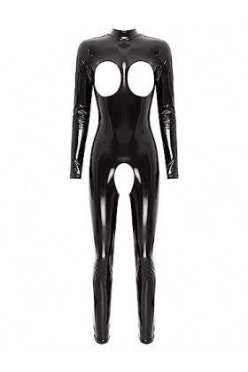 MSemis Femme Body Wetlook Sexy Bodysuit Ouvert Poitrine Erotique Combishort Catsuit Entrejambe Combinaison Manches Longues Cl
