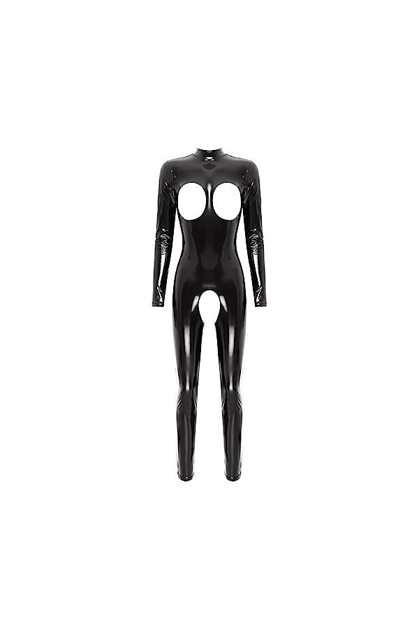 MSemis Femme Body Wetlook Sexy Bodysuit Ouvert Poitrine Erotique Combishort Catsuit Entrejambe Combinaison Manches Longues Cl