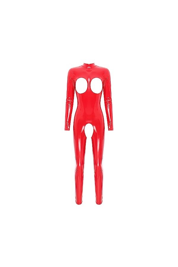 MSemis Femme Body Wetlook Sexy Bodysuit Ouvert Poitrine Erotique Combishort Catsuit Entrejambe Combinaison Manches Longues Cl