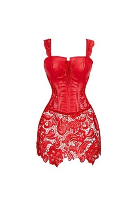 MENGQING Robe corset bustier gothique à lacets sur le devant en simili cuir noir et rouge pour femme - Grande taille - Ensemb