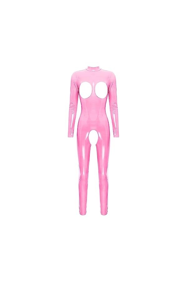 MSemis Femme Body Wetlook Sexy Bodysuit Ouvert Poitrine Erotique Combishort Catsuit Entrejambe Combinaison Manches Longues Cl