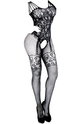 JEShifangjiusu Femmes Sexy Filet De PêChe Halter Creux Collants Perspective Fleurs Mesh Lacets Collants sans Manches sous - V