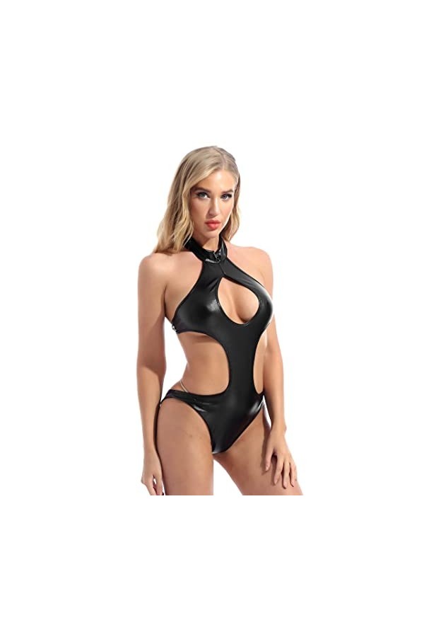 QQBAIHUO Sexy Femmes Lingerie Cuir Verni Catsuit Licol à Lacets Bodysuit Wet Look Night Club Vêtements,XL