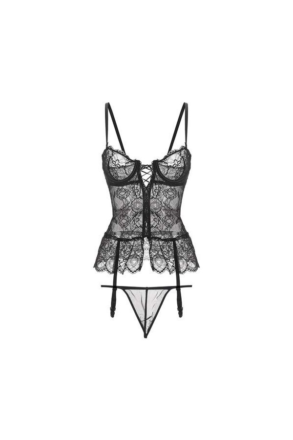 ZJY Corset Sexy Lace Underwire froncé Push Up Corset avec Panty à Lacets fermes Femmes Corsets et Bustiers Sheer Mesh Overbus