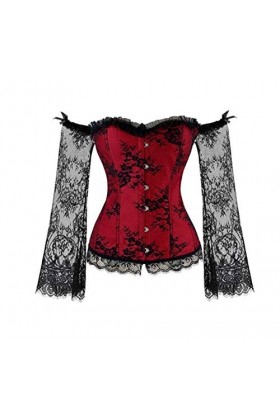 Femmes Corset Sexy Manches Longues en Dentelle Corselet À Lacets Bustiers for Posture du Club Wedding Plus Size Color : Red,