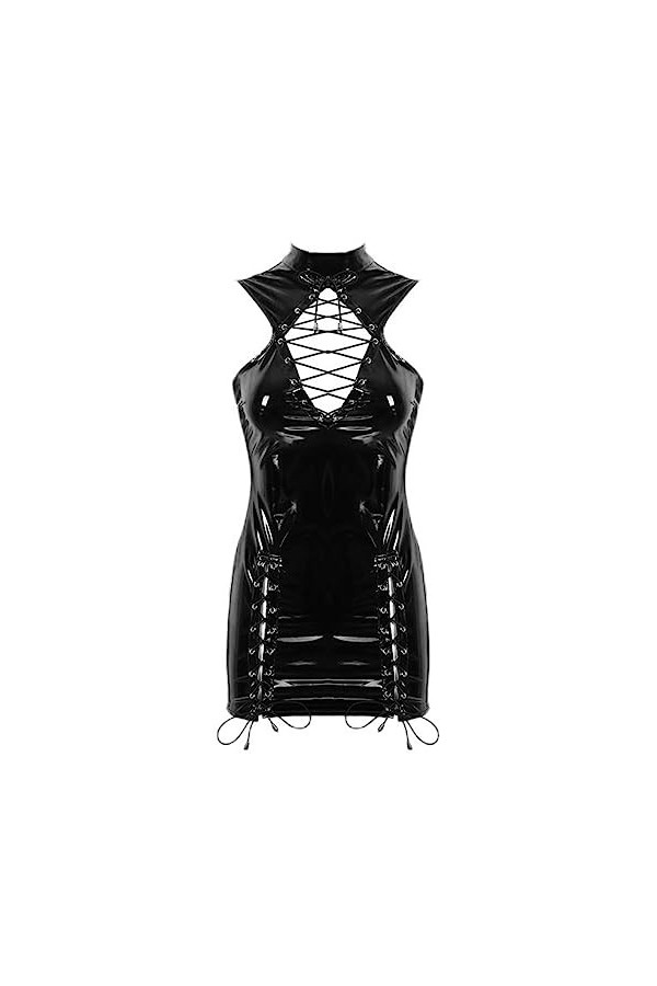 WSZJLN Femmes Dames Mode Robe Sexy en Cuir Verni Avant Évider À Lacets Latex Moulante Mini Robe pour Cocktail Party Clubwear-