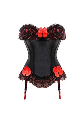 XIN NA RUI Corset sexy et bustier en satin noir avec nœud rouge et lacets à baleines couleur : noir, taille : XXL 