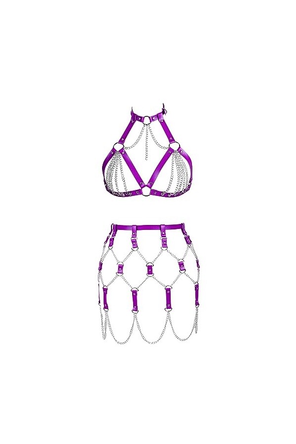 JMMHSS Cuir punk Body harnais set cage ceinture gothique Body Chain lacets réglables pour les femmes La couleur violette 