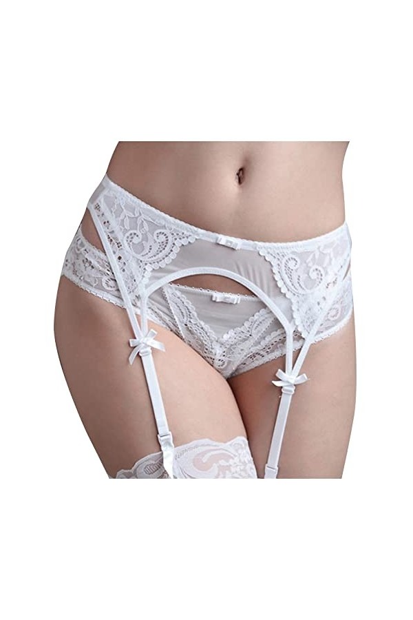 TOPKEAL Ensemble de lingerie sexy pour femme avec bas brodés en dentelle, Blanc., L