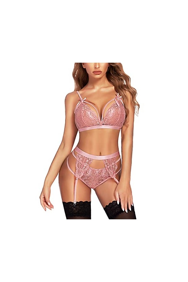 Avidlove Ensemble de lingerie sexy pour femme avec porte-jarretelles en dentelle, vert foncé, L